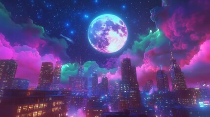 Poster - Futuristic city skyline at night with vibrant clouds, full moon, and stars.