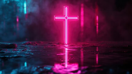 Aufkleber - Glowing neon pink cross reflecting on wet ground with blue and pink lighting.