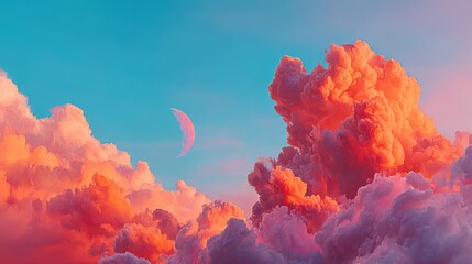 Wall Mural - dreamy sky with crescent moon and fluffy clouds at sunset; pastel colors; fantasy landscape; digital