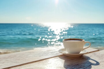 Wall Mural - Enjoying coffee by the beach with a stunning ocean view on a sunny day, Coffee cup on a table by the beach with ocean view and sunny sky Relaxing seaside  concept