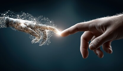 Aufkleber - Human hand touching robotic hand connecting through futuristic network mesh