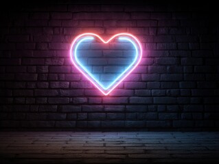Wall Mural - neon heart sign glowing on dark brick wall background; romantic love symbol, studio shot, vibrant co