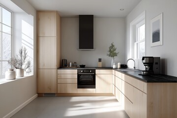 Poster - Modern light wood kitchen with black appliances showing minimalist design