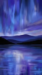 Wall Mural - abstract mountain landscape painting reflecting on calm lake at night in blue and purple hues