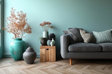 Poster - Modern living room interior with sofa, vases, and plants showing tranquil elegance