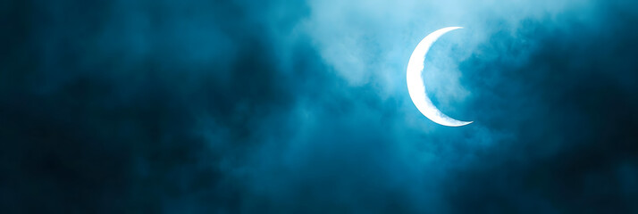 Wall Mural - crescent moon in cloudy blue night sky – dramatic lunar scene