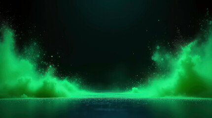 Wall Mural - dark background with green neon sand splashes spreading on both sides. empty space in the center of 