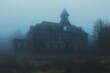© Iftikhar alam - Dilapidated asylum shrouded in fog creates an eerie atmosphere at dusk, Dilapidated asylum engulfed in fog, horror Photo background