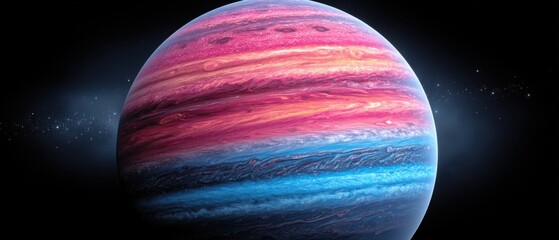 Wall Mural - colorful gas giant planet with swirling clouds on black background in outer space wide shot