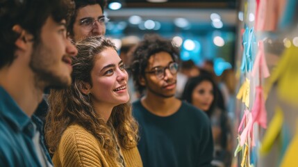 Fototapete - Diverse Group of Young Professionals Brainstorming With Sticky Notes, Illustrating Collaboration and Innovation in the Workplace for Business Strategy : Generative AI