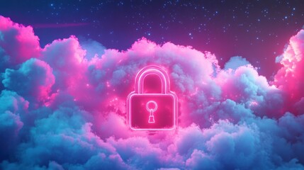 Leinwandbilder - Neon padlock glowing in vibrant pink and blue clouds against a starry night sky.