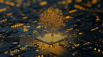 Leinwandbilder - Golden tree growing from a computer chip, symbolizing technological growth and nature's harmony.