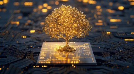Poster - Golden tree on a technological circuit board, symbolizing growth and innovation.