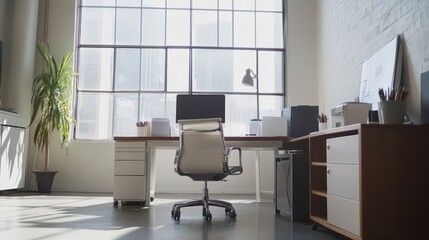 Poster - Modern office interior with large window, desk, chair, and city view.