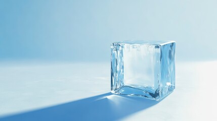 Poster - Single, clear ice cube on a light blue background, casting a shadow.
