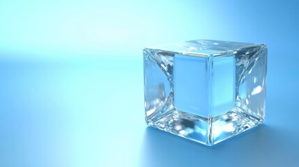 Aufkleber - Single, translucent ice cube on a light blue background.