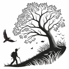  Silhouette of a hiker and a bird under a large tree on a hill