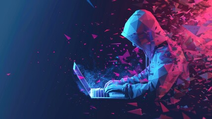 Professional hacker crime in digital system hack computer protection of user with coding program in colorful light of cyberspace style theme. Dangerous hacking in technology and criminal theme. AIG53.
