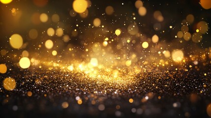 Poster - Sparkling golden glitter on black background with bokeh lights.