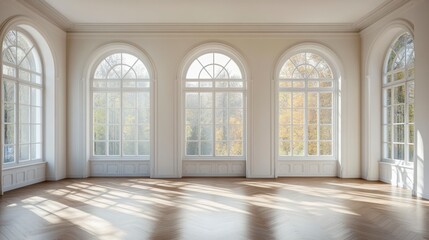 Poster - Sunlit empty room with arched windows and hardwood floor.