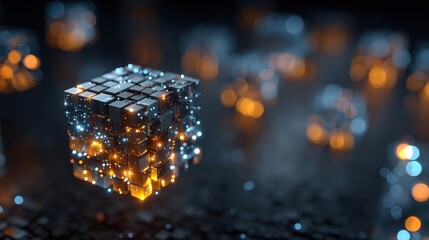 Wall Mural - glowing 3d digital cube visualizing blockchain transactions in detail