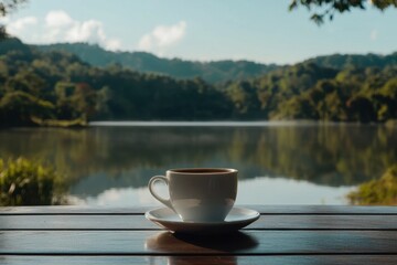Wall Mural - Coffee cup resting on wooden table with serene nature backdrop by tranquil lake on a sunny day, A Cup of coffee on wooden table with nature background lake Photo
