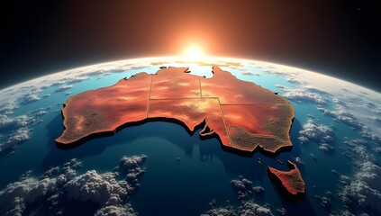 Wall Mural - Australia is depicted as a raised landmass against the backdrop of Earth viewed from space, with a sunrise casting warm light across the continent. 