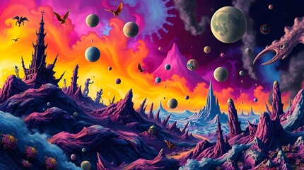 Wall Mural - A vibrant and surreal alien landscape features jagged rock formations and numerous floating planets against a colorful sky. Unique creatures fly through the air