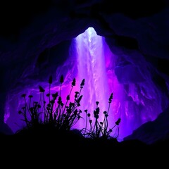 Wall Mural - a vibrant waterfall cascades into a cave bathed in ethereal purple light, creating a mystical atmosp