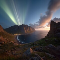 Wall Mural - Aurora Borealis Over Lofoten Islands Norway Scenic Landscape Photography from Mountain Top Viewpoint at Sunset