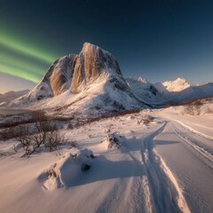 Wall Mural - Northern Lights Dance Above Snowy Mountain Peak at Night in Norway Landscape Photography