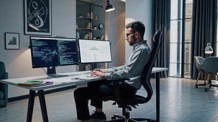 Focused individual working at desk with two monitors. Showing coding and data analysis, focused work, office, software