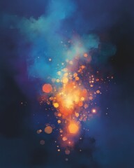 Wall Mural - Abstract digital painting of light explosion with bokeh effects in blue and orange hues artistic backdrop