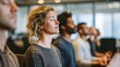 © Generative AI - Diverse Group Meditating With Eyes Closed in Office, Promoting Wellness and Corporate Mindfulness Programs for Employee Mental Health and Wellbeing : Generative AI