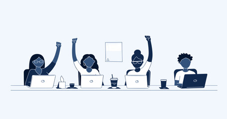Team of Female Programmer Celebrating Success: Celebrating a successful project launch, the image depicts a team of female programmers with raised arms and looks joyful.