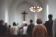 © Alex - modern church interior during service with diverse people engaged in prayer and worship