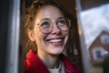 Aufkleber - Smiling Woman With Glasses Looking Upwards, Representing Optimism and Future Planning, Standing Near a Window With a House Reflected in the Glass : Generative AI