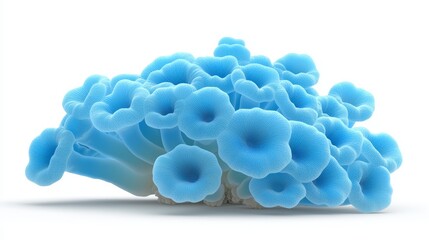 the picture shows cluster of vibrant blue organic mushroom like or coral like shapes against white b
