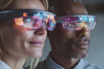 Aufkleber - Diverse Team Wearing Augmented Reality Glasses, Visualizing Future Technology and Digital Transformation in the Workplace, Promoting Innovation and Collaboration : Generative AI