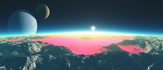 Wall Mural - Alien landscape, fantastic mountains on an alien surface, star rising in the fog of an alien landscape, 3D rendering