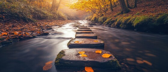 Wall Mural - Autumn River Crossing: Stepping Stones Through Flowing Water in Forest, Long Exposure Landscape, Serene Nature Scene, Tranquil Stream, Mossy Rocks, Golden Light