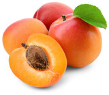 Apricot png. Apricots: whole and a half with leaf isolated on white or transparent background. Cut apricot with kernel no background. Full depth of field. Transparent png.