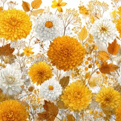 Wall Mural - Sunny Floral Abundance: Golden and White Chrysanthemums in a Dense Botanical Arrangement, Overhead View, Autumnal Hues, Artistic