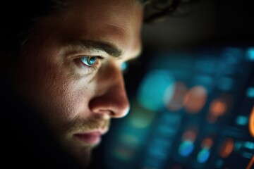 Poster - Man Focused on Screen in Dark Room, Representing Cybersecurity and Technology Innovation, With Intense Concentration and Digital Transformation : Generative AI