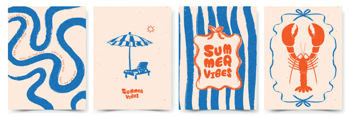 set of abstract summer mediterranean posters, cards templates with lobster, beach chair with umbrell