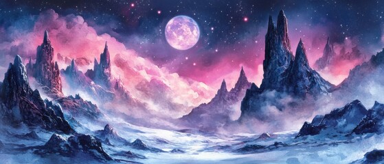Wall Mural - Watercolor Painting of Alien Landscape with Mountains and Moon under Starry Sky in Pink and Blue Hues Fantasy Art