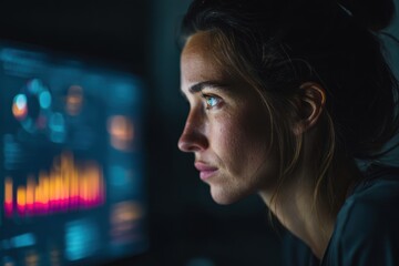 Leinwandbilder - Woman Focused on Computer Screen at Night, Representing Digital Transformation and Cybersecurity Solutions for Modern Business : Generative AI