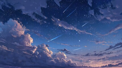 Wall Mural - a stunning image of serene sky view, full of stars with meteors falling, in an anime art style.