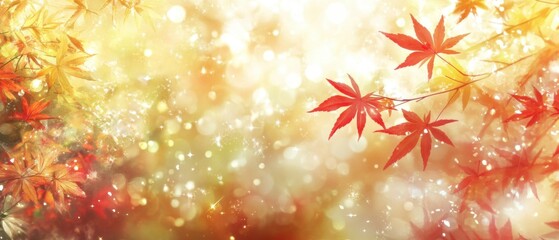 Wall Mural - Autumn Maple Leaves with Sparkling Bokeh Lights Background in Warm Tones for Seasonal Greetings and Festive Decorations