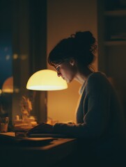 Poster - Woman Working Late at Night Under Warm Light, Illustrating Productivity and Dedication for Business and Education Uses : Generative AI